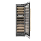 ZLINE Autograph Edition 24 in. 12.4 cu. ft. Triple Zone 100 Bottle Column Wine Cooler in Satin Stainless Steel and Champagne Bronze Accents (RCWVZ-SN-24-CB) front, open.