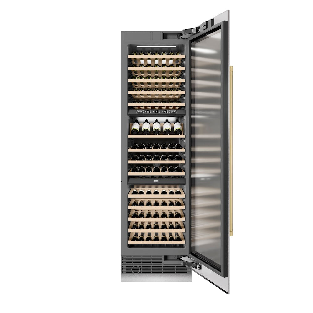 ZLINE Autograph Edition 24 in. 12.4 cu. ft. Triple Zone 100 Bottle Column Wine Cooler in Satin Stainless Steel and Champagne Bronze Accents (RCWVZ-SN-24-CB) front, open.