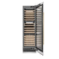 ZLINE Autograph Edition 24 in. 12.4 cu. ft. Triple Zone 100 Bottle Column Wine Cooler in Satin Stainless Steel and Champagne Bronze Accents (RCWVZ-SN-24-CB) front, open.