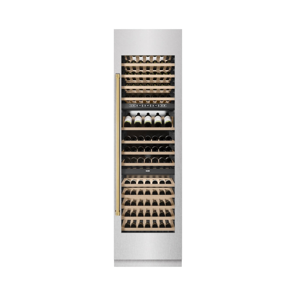 ZLINE Autograph Edition 24 in. 12.4 cu. ft. Triple Zone 100 Bottle Column Wine Cooler in Satin Stainless Steel and Polished Gold Accents (RCWVZ-SN-24-G) front, closed.