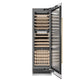 ZLINE Autograph Edition 24 in. 12.4 cu. ft. Triple Zone 100 Bottle Column Wine Cooler in Satin Stainless Steel and Polished Gold Accents (RCWVZ-SN-24-G) front, open.