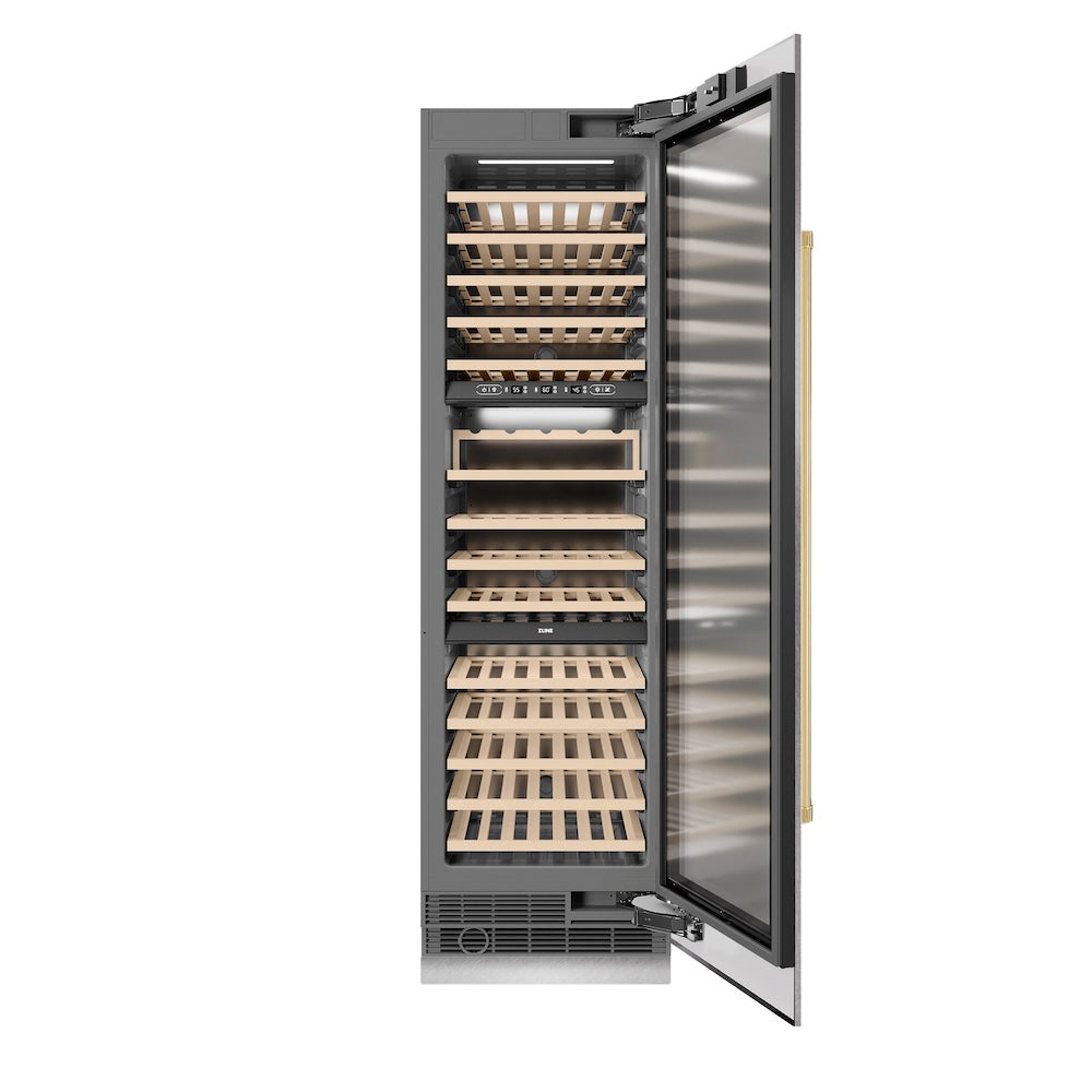 ZLINE Autograph Edition 24 in. 12.4 cu. ft. Triple Zone 100 Bottle Column Wine Cooler in Satin Stainless Steel and Polished Gold Accents (RCWVZ-SN-24-G) front, open.