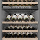 ZLINE Autograph Edition 24 in. 12.4 cu. ft. Triple Zone 100 Bottle Column Wine Cooler in Satin Stainless Steel and Matte Black Accents (RCWVZ-SN-24-MB) internal storage racks and controls.