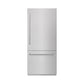 ZLINE 36 in. 19.8 cu. ft. Built-In Bottom Freezer Refrigerator with Water Dispenser and Ice Maker in Satin Stainless Steel with Graphite Gray Interior (GRBIT-SN-36) front, closed.