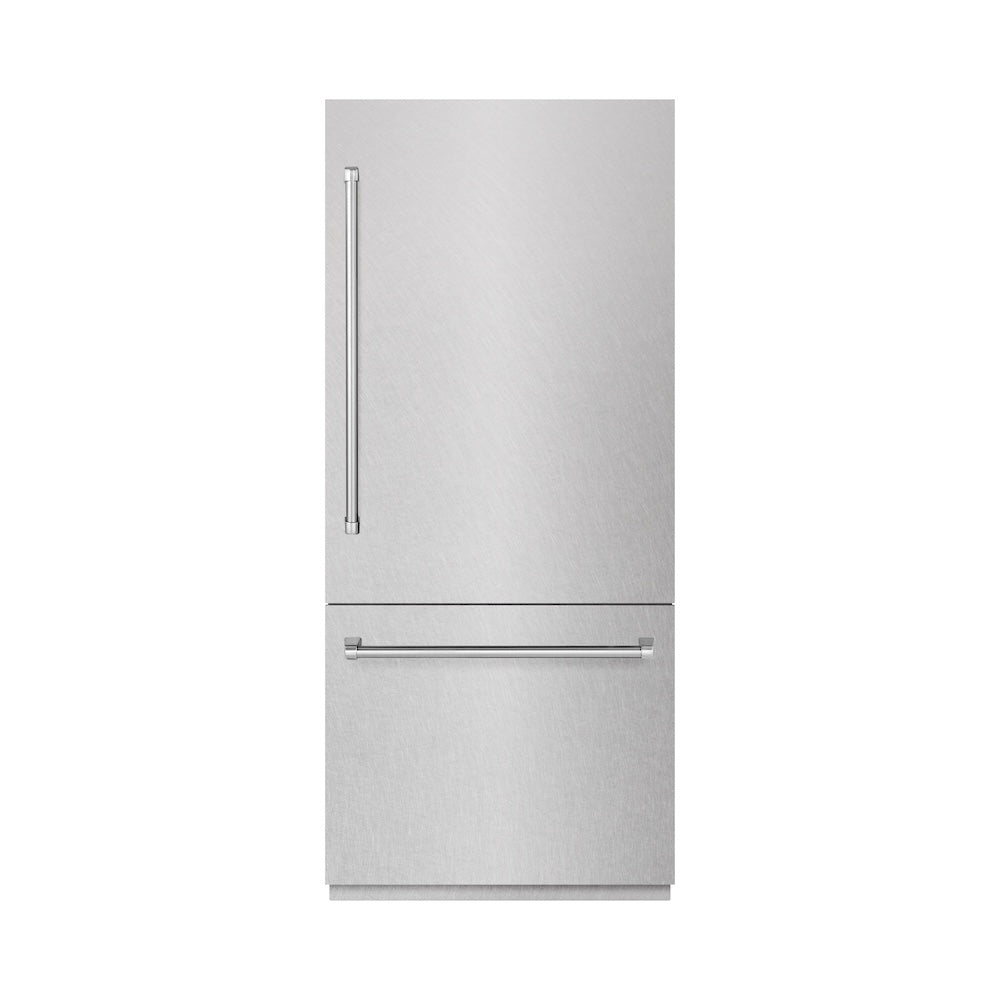 ZLINE 36 in. 19.8 cu. ft. Built-In Bottom Freezer Refrigerator with Water Dispenser and Ice Maker in Satin Stainless Steel with Graphite Gray Interior (GRBIT-SN-36) front, closed.