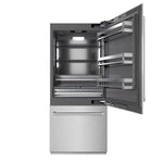 ZLINE 36 in. 19.8 cu. ft. Built-In Bottom Freezer Refrigerator with Water Dispenser and Ice Maker in Satin Stainless Steel with Graphite Gray Interior (GRBIT-SN-36) front, refrigeration compartment open.