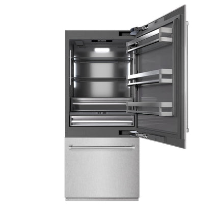 ZLINE 36 in. 19.8 cu. ft. Built-In Bottom Freezer Refrigerator with Water Dispenser and Ice Maker in Satin Stainless Steel with Graphite Gray Interior (GRBIT-SN-36) front, refrigeration compartment open.