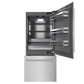ZLINE 36 in. 19.8 cu. ft. Built-In Bottom Freezer Refrigerator with Water Dispenser and Ice Maker in Satin Stainless Steel with Graphite Gray Interior (GRBIT-SN-36) front, refrigeration compartment and bottom freezer open.