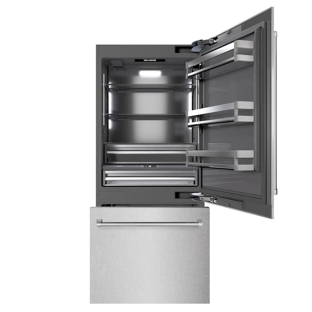 ZLINE 36 in. 19.8 cu. ft. Built-In Bottom Freezer Refrigerator with Water Dispenser and Ice Maker in Satin Stainless Steel with Graphite Gray Interior (GRBIT-SN-36) front, refrigeration compartment and bottom freezer open.