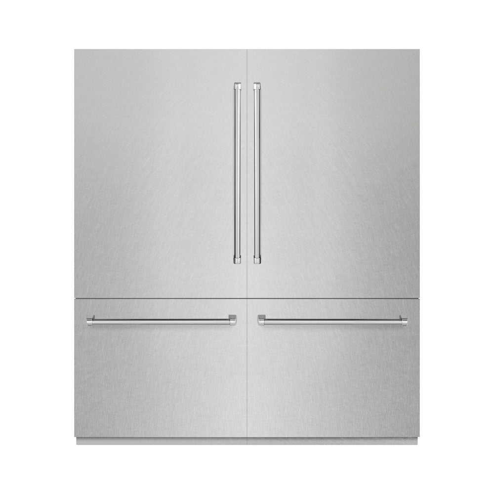 ZLINE 72 in. 39.6 cu. ft. French Door Built-In Bottom Freezer Refrigerator with Water Dispensers and Ice Makers in Satin Stainless Steel with Graphite Gray Interior (GRBIT-SN-72) front, closed.