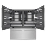 ZLINE 72 in. 39.6 cu. ft. French Door Built-In Bottom Freezer Refrigerator with Water Dispensers and Ice Makers in Satin Stainless Steel with Graphite Gray Interior (GRBIT-SN-72) front, refrigeration compartment open.