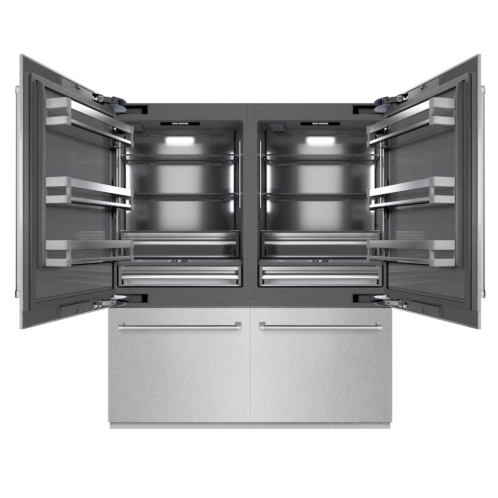 ZLINE 72 in. 39.6 cu. ft. French Door Built-In Bottom Freezer Refrigerator with Water Dispensers and Ice Makers in Satin Stainless Steel with Graphite Gray Interior (GRBIT-SN-72) front, refrigeration compartment open.