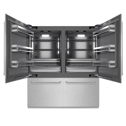 ZLINE 72 in. 39.6 cu. ft. French Door Built-In Bottom Freezer Refrigerator with Water Dispensers and Ice Makers in Satin Stainless Steel with Graphite Gray Interior (GRBIT-SN-72) front, refrigeration compartment open.