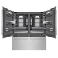 ZLINE 72 in. 39.6 cu. ft. French Door Built-In Bottom Freezer Refrigerator with Water Dispensers and Ice Makers in Satin Stainless Steel with Graphite Gray Interior (GRBIT-SN-72) front, refrigeration compartment and bottom freezer open.