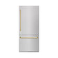 ZLINE Autograph Edition 36 in. 19.8 cu. ft. Built-In Bottom Freezer Refrigerator with Water Dispenser and Ice Maker in Satin Stainless Steel with Graphite Gray Interior and Champagne Bronze Accents (GRBITZ-SN-36-CB) front, closed.