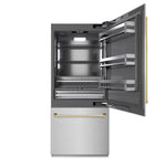 ZLINE Autograph Edition 36 in. 19.8 cu. ft. Built-In Bottom Freezer Refrigerator with Water Dispenser and Ice Maker in Satin Stainless Steel with Graphite Gray Interior and Champagne Bronze Accents (GRBITZ-SN-36-CB) front, refrigeration compartment open.
