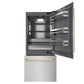 ZLINE Autograph Edition 36 in. 19.8 cu. ft. Built-In Bottom Freezer Refrigerator with Water Dispenser and Ice Maker in Satin Stainless Steel with Graphite Gray Interior and Champagne Bronze Accents (GRBITZ-SN-36-CB) front, refrigeration compartment and bottom freezer open.