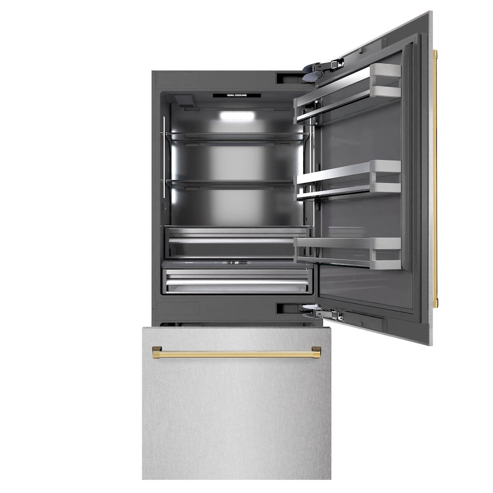 ZLINE Autograph Edition 36 in. 19.8 cu. ft. Built-In Bottom Freezer Refrigerator with Water Dispenser and Ice Maker in Satin Stainless Steel with Graphite Gray Interior and Champagne Bronze Accents (GRBITZ-SN-36-CB) front, refrigeration compartment and bottom freezer open.