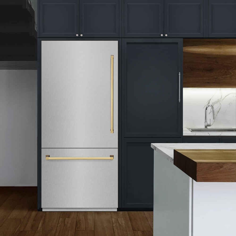 ZLINE Autograph Edition 36 in. 19.8 cu. ft. Built-In Bottom Freezer Refrigerator with Water Dispenser and Ice Maker in Satin Stainless Steel with Graphite Gray Interior and Champagne Bronze Accents (GRBITZ-SN-36-CB)