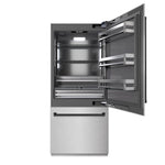 ZLINE Autograph Edition 36 in. 19.8 cu. ft. Built-In Bottom Freezer Refrigerator with Water Dispenser and Ice Maker in Satin Stainless Steel with Graphite Gray Interior and Matte Black Accents (GRBITZ-SN-36-MB) front, refrigeration compartment open.