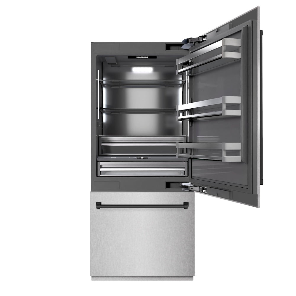 ZLINE Autograph Edition 36 in. 19.8 cu. ft. Built-In Bottom Freezer Refrigerator with Water Dispenser and Ice Maker in Satin Stainless Steel with Graphite Gray Interior and Matte Black Accents (GRBITZ-SN-36-MB) front, refrigeration compartment open.