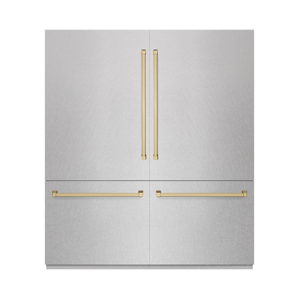 ZLINE Autograph Edition 72 in. 39.6 cu. ft. French Door Built-In Bottom Freezer Refrigerator with Water Dispensers and Ice Makers in Satin Stainless Steel with Graphite Gray Interior and Champagne Bronze Accents (GRBITZ-SN-72-CB) front, closed.