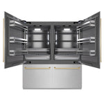 ZLINE Autograph Edition 72 in. 39.6 cu. ft. French Door Built-In Bottom Freezer Refrigerator with Water Dispensers and Ice Makers in Satin Stainless Steel with Graphite Gray Interior and Champagne Bronze Accents (GRBITZ-SN-72-CB) front, refrigeration compartment open.