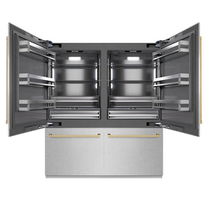 ZLINE Autograph Edition 72 in. 39.6 cu. ft. French Door Built-In Bottom Freezer Refrigerator with Water Dispensers and Ice Makers in Satin Stainless Steel with Graphite Gray Interior and Champagne Bronze Accents (GRBITZ-SN-72-CB) main image.
