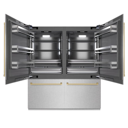 ZLINE Autograph Edition 72 in. 39.6 cu. ft. French Door Built-In Bottom Freezer Refrigerator with Water Dispensers and Ice Makers in Satin Stainless Steel with Graphite Gray Interior and Champagne Bronze Accents (GRBITZ-SN-72-CB) front, refrigeration compartment open.