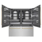 ZLINE Autograph Edition 72 in. 39.6 cu. ft. French Door Built-In Bottom Freezer Refrigerator with Water Dispensers and Ice Makers in Satin Stainless Steel with Graphite Gray Interior and Champagne Bronze Accents (GRBITZ-SN-72-CB) front, refrigeration compartment and bottom freezer open.