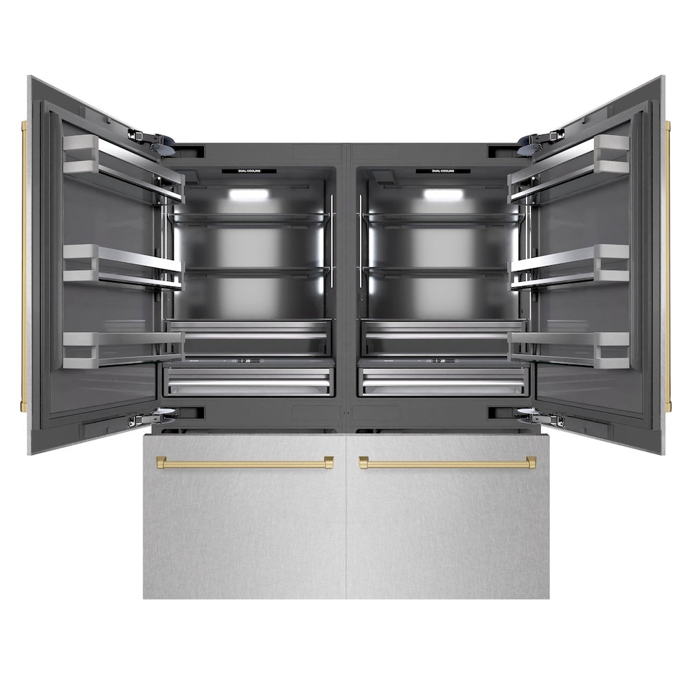 ZLINE Autograph Edition 72 in. 39.6 cu. ft. French Door Built-In Bottom Freezer Refrigerator with Water Dispensers and Ice Makers in Satin Stainless Steel with Graphite Gray Interior and Champagne Bronze Accents (GRBITZ-SN-72-CB) front, refrigeration compartment and bottom freezer open.