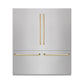 ZLINE Autograph Edition 72 in. 39.6 cu. ft. French Door Built-In Bottom Freezer Refrigerator with Water Dispensers and Ice Makers in Satin Stainless Steel with graphite Gray Interior and Polished Gold Accents (GRBITZ-SN-72-G) front, closed.