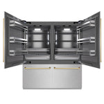 ZLINE Autograph Edition 72 in. 39.6 cu. ft. French Door Built-In Bottom Freezer Refrigerator with Water Dispensers and Ice Makers in Satin Stainless Steel with graphite Gray Interior and Polished Gold Accents (GRBITZ-SN-72-G) front, refrigeration compartment open.