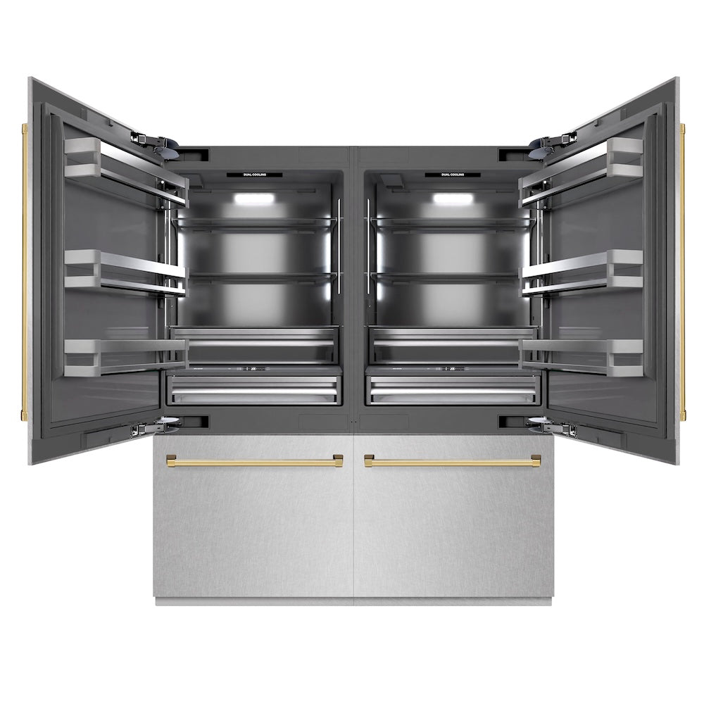 ZLINE Autograph Edition 72 in. 39.6 cu. ft. French Door Built-In Bottom Freezer Refrigerator with Water Dispensers and Ice Makers in Satin Stainless Steel with graphite Gray Interior and Polished Gold Accents (GRBITZ-SN-72-G) front, refrigeration compartment open.