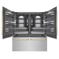 ZLINE Autograph Edition 72 in. 39.6 cu. ft. French Door Built-In Bottom Freezer Refrigerator with Water Dispensers and Ice Makers in Satin Stainless Steel with graphite Gray Interior and Polished Gold Accents (GRBITZ-SN-72-G) front, refrigeration compartment and bottom freezer open.