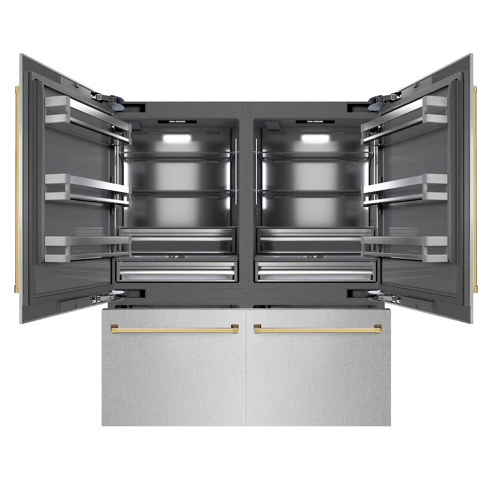 ZLINE Autograph Edition 72 in. 39.6 cu. ft. French Door Built-In Bottom Freezer Refrigerator with Water Dispensers and Ice Makers in Satin Stainless Steel with graphite Gray Interior and Polished Gold Accents (GRBITZ-SN-72-G) front, refrigeration compartment and bottom freezer open.