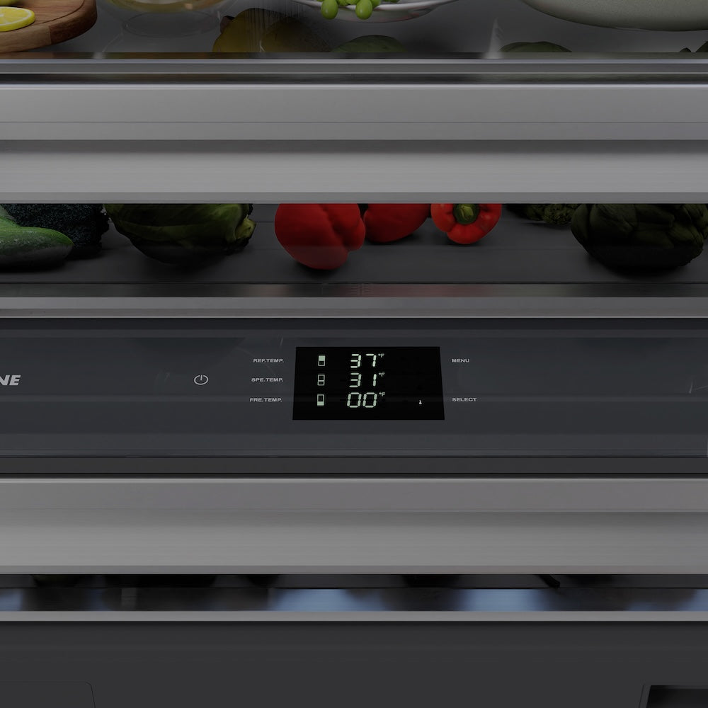 ZLINE Autograph Edition 72 in. 39.6 cu. ft. French Door Built-In Bottom Freezer Refrigerator with Water Dispensers and Ice Makers in Satin Stainless Steel with graphite Gray Interior and Polished Gold Accents (GRBITZ-SN-72-G) digital temperature display and crisper drawer with fresh produce inside.