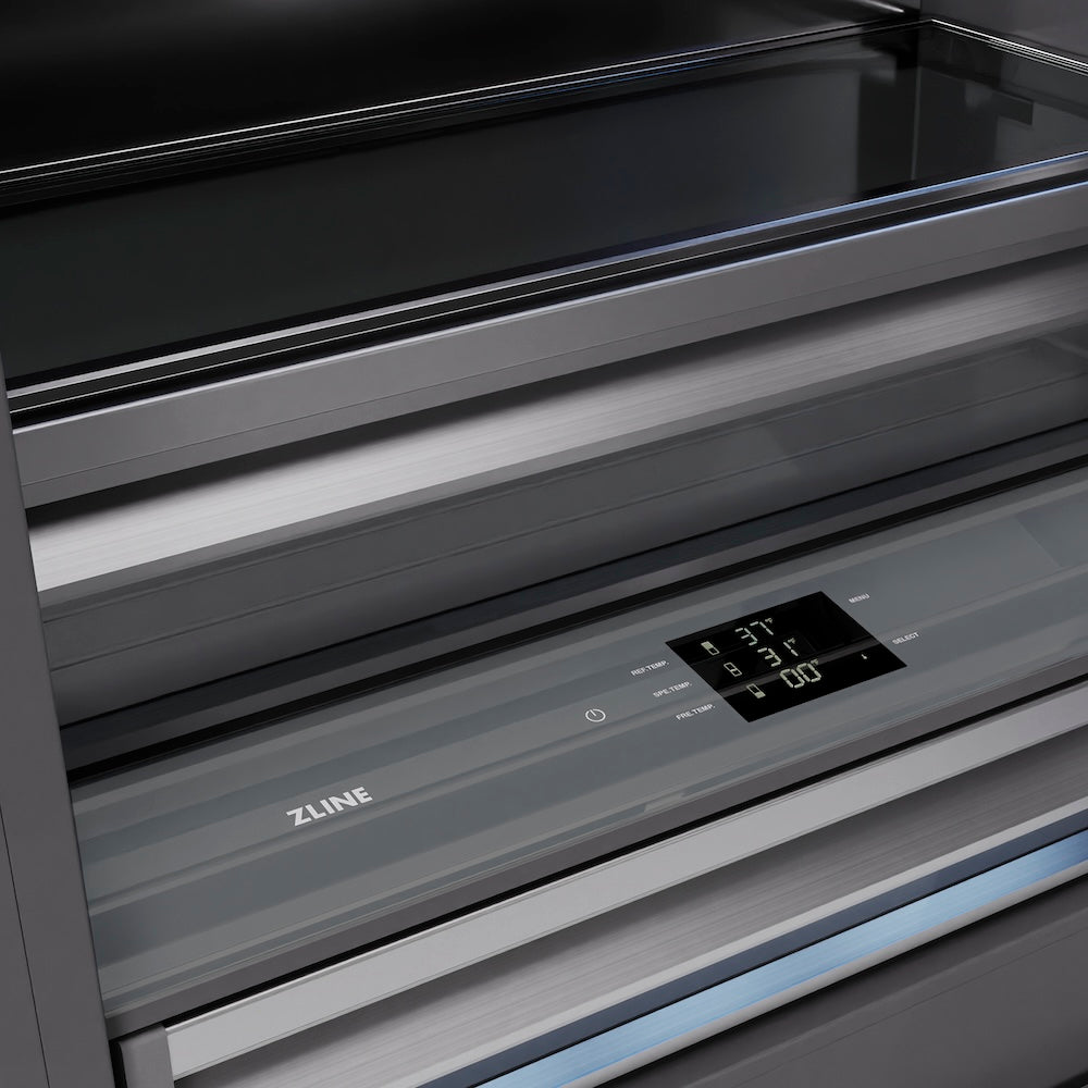 ZLINE Autograph Edition 72 in. 39.6 cu. ft. French Door Built-In Bottom Freezer Refrigerator with Water Dispensers and Ice Makers in Satin Stainless Steel with Graphite Gray Interior and Matte Black Accents (GRBITZ-SN-72-MB) digital display and touch controls inside refrigeration compartment.