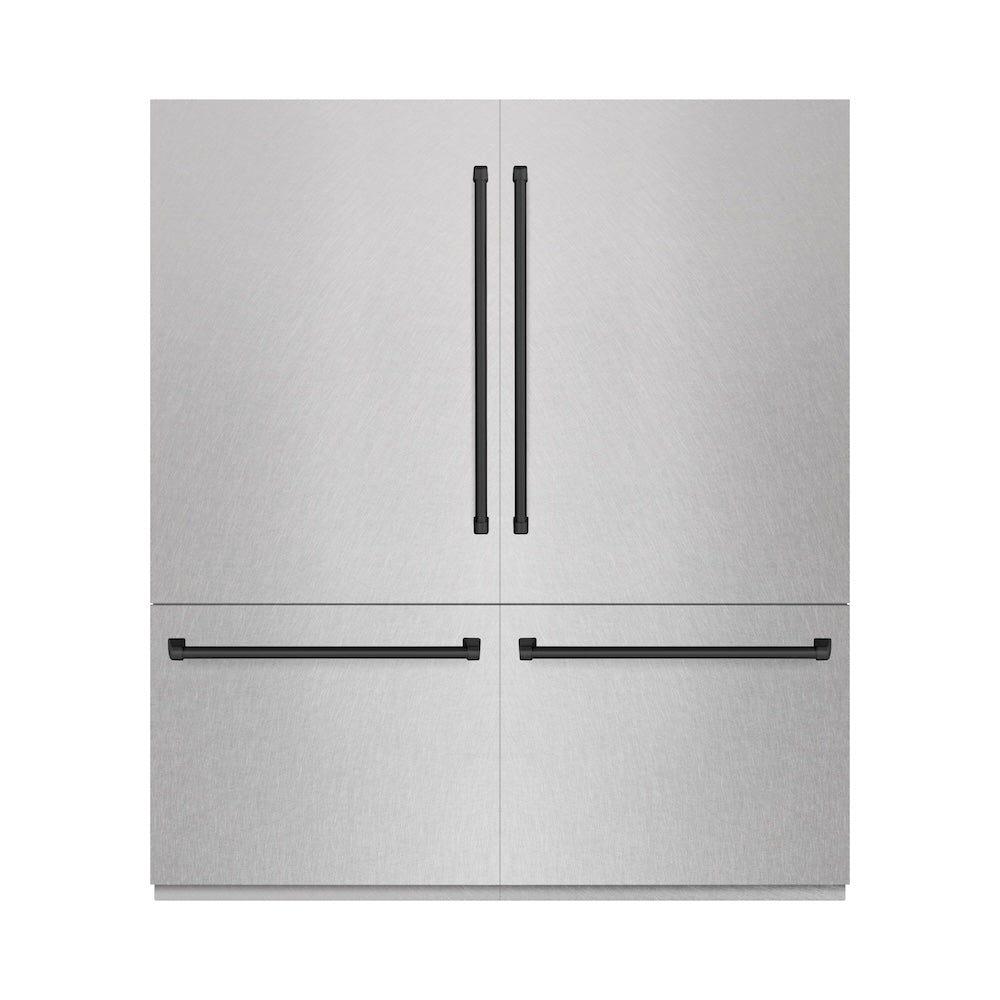 ZLINE Autograph Edition 72 in. 39.6 cu. ft. French Door Built-In Bottom Freezer Refrigerator with Water Dispensers and Ice Makers in Satin Stainless Steel with Graphite Gray Interior and Matte Black Accents (GRBITZ-SN-72-MB) front, closed.
