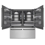 ZLINE Autograph Edition 72 in. 39.6 cu. ft. French Door Built-In Bottom Freezer Refrigerator with Water Dispensers and Ice Makers in Satin Stainless Steel with Graphite Gray Interior and Matte Black Accents (GRBITZ-SN-72-MB) front, refrigeration compartment open.