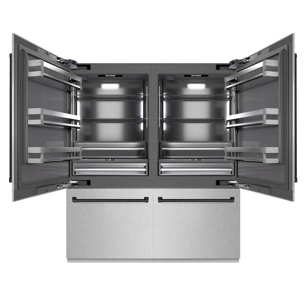 ZLINE Autograph Edition 72 in. 39.6 cu. ft. French Door Built-In Bottom Freezer Refrigerator with Water Dispensers and Ice Makers in Satin Stainless Steel with Graphite Gray Interior and Matte Black Accents (GRBITZ-SN-72-MB) front, refrigeration compartment open.