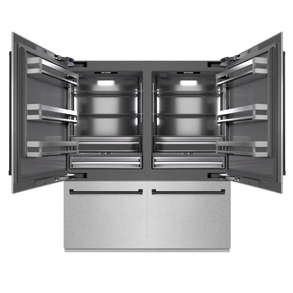 ZLINE Autograph Edition 72 in. 39.6 cu. ft. French Door Built-In Bottom Freezer Refrigerator with Water Dispensers and Ice Makers in Satin Stainless Steel with Graphite Gray Interior and Matte Black Accents (GRBITZ-SN-72-MB) front, refrigeration compartment open.