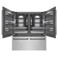 ZLINE Autograph Edition 72 in. 39.6 cu. ft. French Door Built-In Bottom Freezer Refrigerator with Water Dispensers and Ice Makers in Satin Stainless Steel with Graphite Gray Interior and Matte Black Accents (GRBITZ-SN-72-MB) front, refrigeration compartment and bottom freezer open.