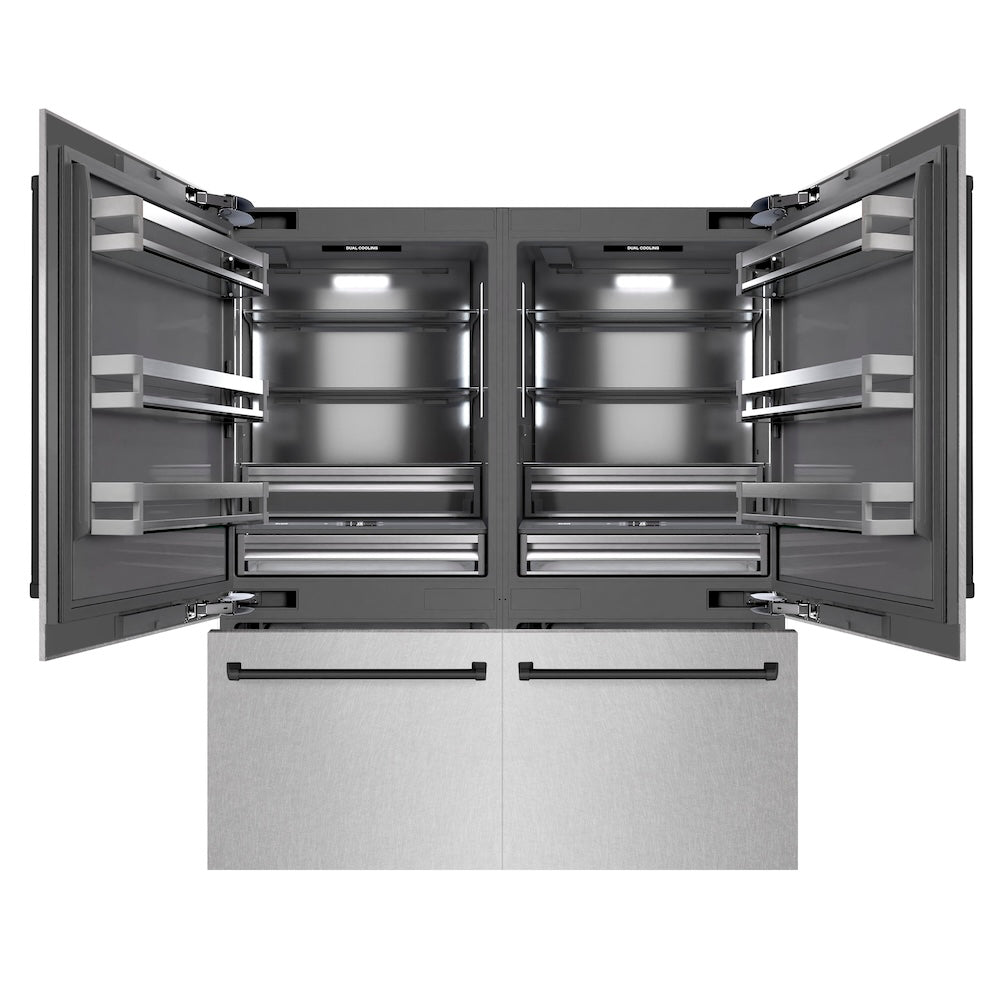 ZLINE Autograph Edition 72 in. 39.6 cu. ft. French Door Built-In Bottom Freezer Refrigerator with Water Dispensers and Ice Makers in Satin Stainless Steel with Graphite Gray Interior and Matte Black Accents (GRBITZ-SN-72-MB) front, refrigeration compartment and bottom freezer open.