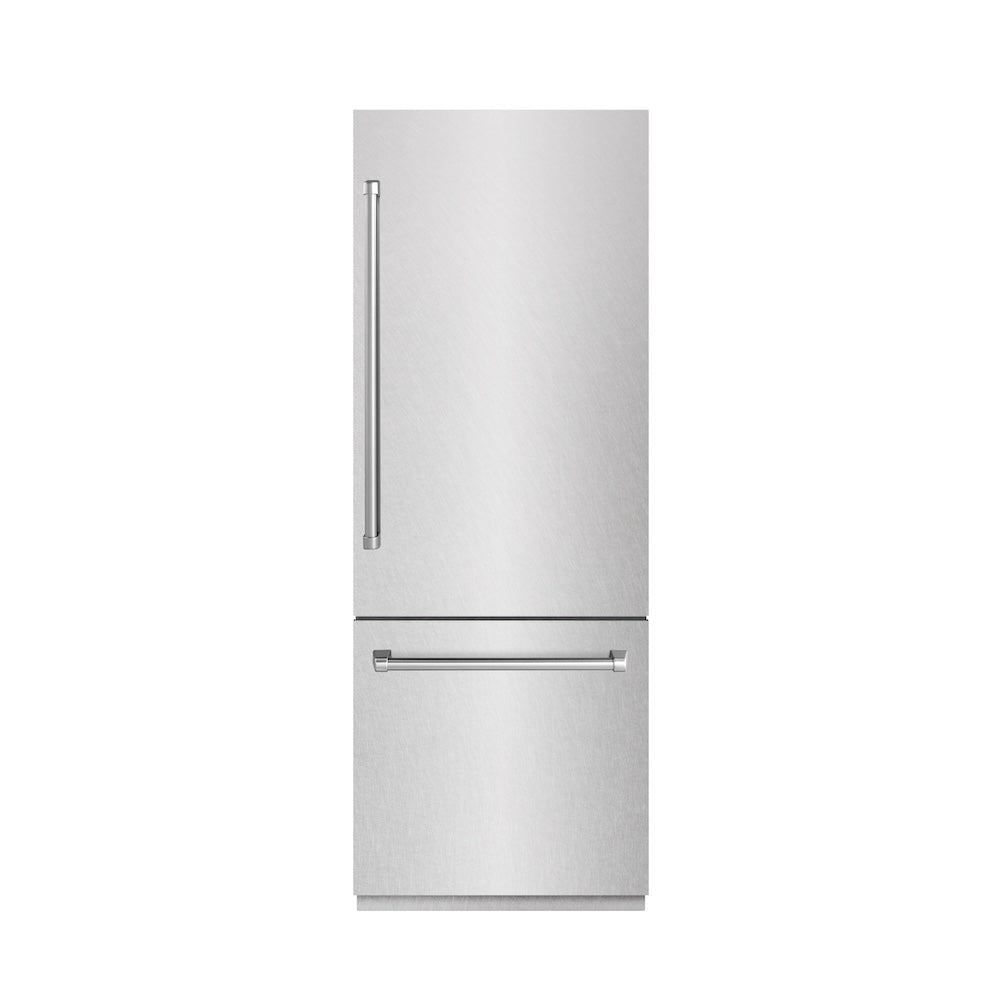 ZLINE 30 in. 16.1 cu. ft. Built-In Bottom Freezer Refrigerator with Water Dispenser and Ice Maker in Satin Stainless Steel with Graphite Gray Interior (GRBIV-SN-30) front, closed.