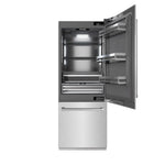 ZLINE 30 in. 16.1 cu. ft. Built-In Bottom Freezer Refrigerator with Water Dispenser and Ice Maker in Satin Stainless Steel with Graphite Gray Interior (GRBIV-SN-30) front, refrigeration compartment open.