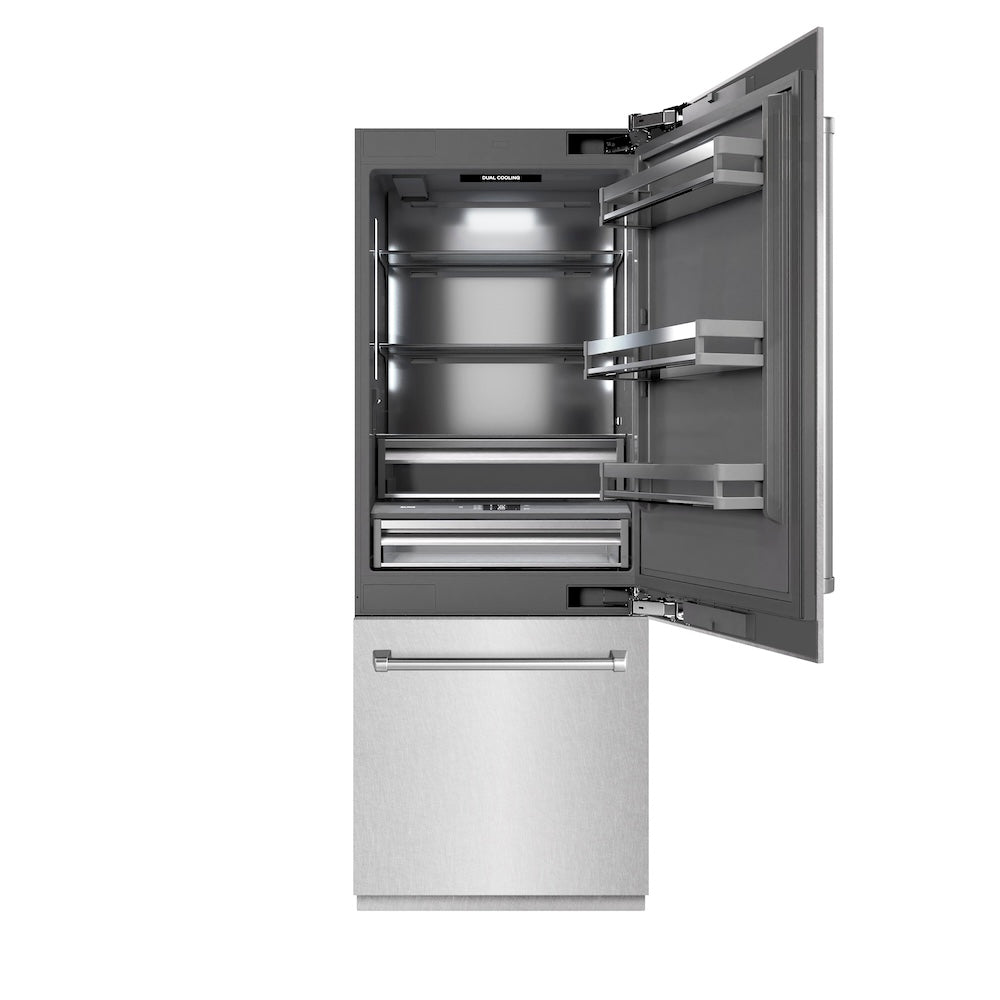 ZLINE 30 in. 16.1 cu. ft. Built-In Bottom Freezer Refrigerator with Water Dispenser and Ice Maker in Satin Stainless Steel with Graphite Gray Interior (GRBIV-SN-30) front, refrigeration compartment open.