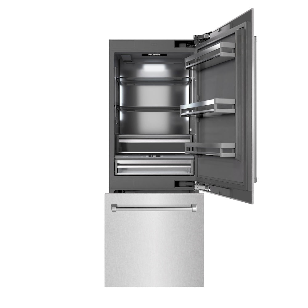 ZLINE 30 in. 16.1 cu. ft. Built-In Bottom Freezer Refrigerator with Water Dispenser and Ice Maker in Satin Stainless Steel with Graphite Gray Interior (GRBIV-SN-30) front, refrigeration compartment and bottom freezer open.