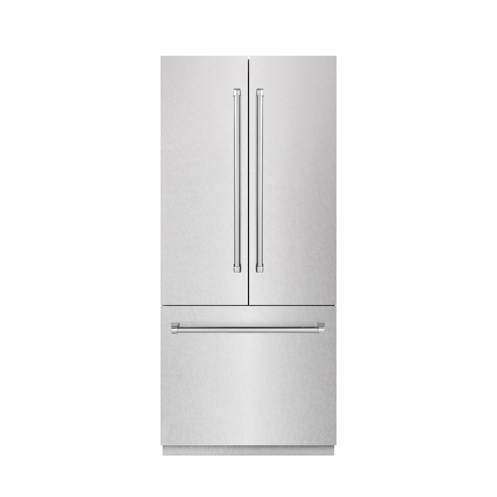 ZLINE 36 in. 19.6 cu. ft. French Door Built-In Bottom Freezer Refrigerator with Water Dispenser and Ice Maker in Satin Stainless Steel with Graphite Gray Interior (GRBIV-SN-36) front, closed.