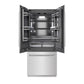 ZLINE 36 in. 19.6 cu. ft. French Door Built-In Bottom Freezer Refrigerator with Water Dispenser and Ice Maker in Satin Stainless Steel with Graphite Gray Interior (GRBIV-SN-36) front, refrigeration compartment open.